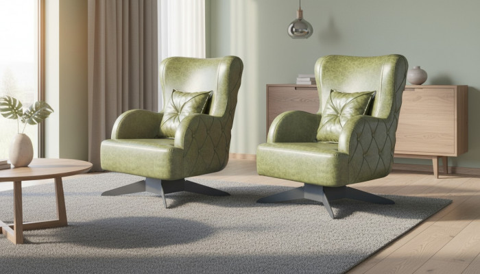 Chesterfield zestaw foteli Zielone obicia Klasyczne nóżki ze stali nierdzewnej Skórzane poduszki