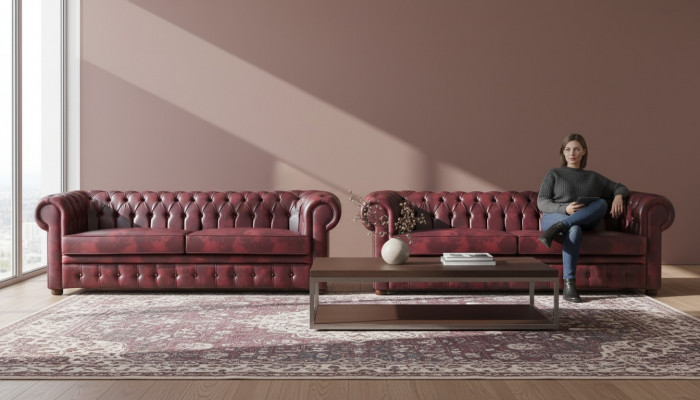 Chesterfield 3-osobowa sofa Bordeaux Klasyczne sofy skórzane z drewna 2-częściowe.