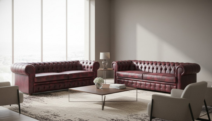Chesterfield 3-osobowa sofa Bordeaux Klasyczne sofy skórzane z drewna 2-częściowe.