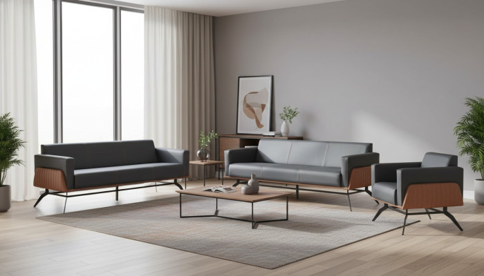 Zestaw wypoczynkowy Sofa Czarno-Brazowy 3-osobowa sofa Fotele Sofy skórzane ze stali nierdzewnej drewna