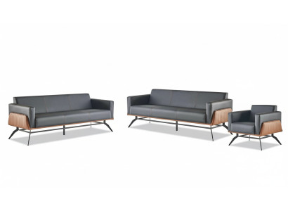 Zestaw wypoczynkowy Sofa Czarno-Brazowy 3-osobowa sofa Fotele Sofy skórzane ze stali nierdzewnej drewna