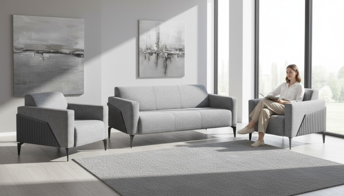 Zestaw komplet 3-osobowa sofa 2-osobowa fotel szary skóra nowoczesna tkanina kanapa
