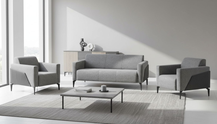 Zestaw komplet 3-osobowa sofa 2-osobowa fotel szary skóra nowoczesna tkanina kanapa