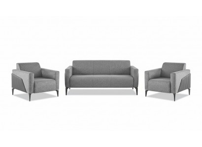 Zestaw komplet 3-osobowa sofa 2-osobowa fotel szary skóra nowoczesna tkanina kanapa
