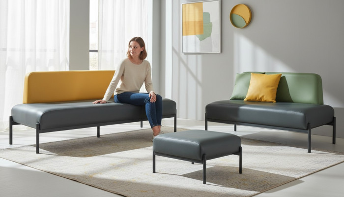 Zestaw kompletny 3-osobowa sofa 2-osobowa fotel Czarno-żółto-zielony Art Deco Skóra