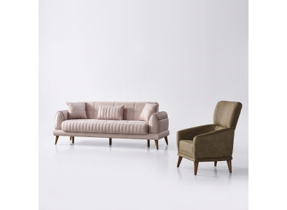 Wohnzimmer Sofagarnitur Sessel Luxus Couch Set Sofa 3 Sitzer Beige Sessel