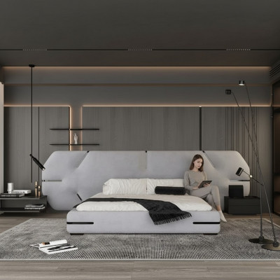 Nowoczesne szare łóżko z eleganckim wezgłowiem i stylowym designem do sypialni
