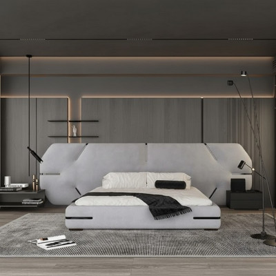 Nowoczesne szare łóżko z eleganckim wezgłowiem i stylowym designem do sypialni