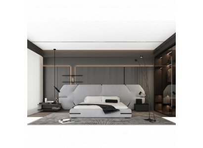 Nowoczesne szare łóżko z eleganckim wezgłowiem i stylowym designem do sypialni