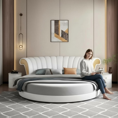 Ekskluzywne białe beżowe okrągłe łóżko z nowoczesnym designem do sypialni