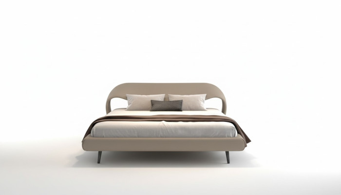Eleganckie szare łóżko z minimalistycznym, zaokrąglonym designem