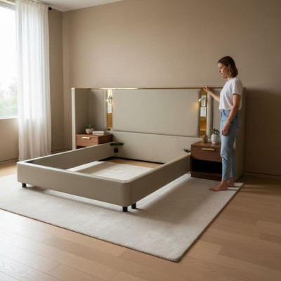 Luksusowe łóżko designerskie w beżowym kolorze z oświetleniem LED, złotą ramą i nowoczesnym wezgłowiem