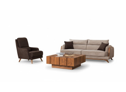 Wohnzimmer Sofa Sessel Set Modernes Design Beige Braun Holzfüße Polster 3+1