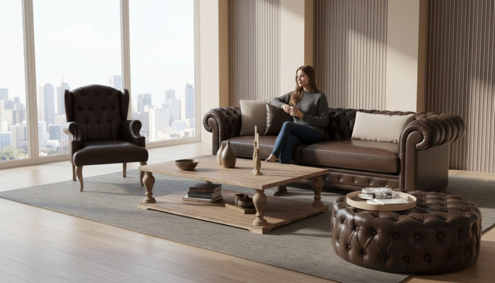 Elegancka sofa, fotel i puf. Prawdziwy komfort