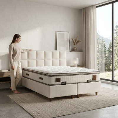 Eleganckie łóżko z materacem w beżowym materiale