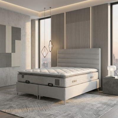 Nowoczesne łóżko z szarego materiału z eleganckim materacem