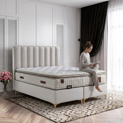 Eleganckie łóżko z materacem w beżowym materiale