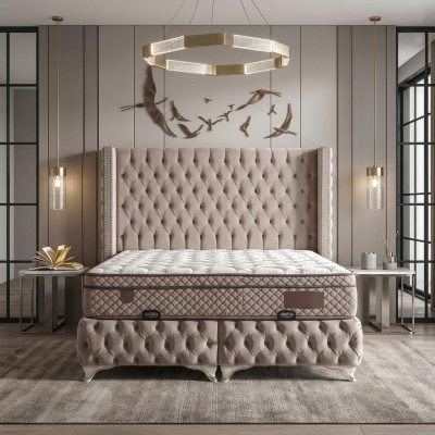 Eleganckie łóżko z materacem w beżowym materiale