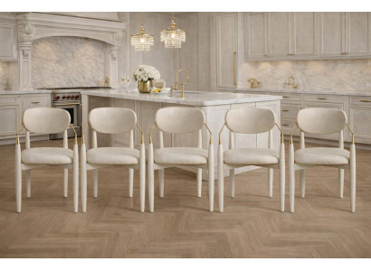 6er-Set luxuriöse Design-Polsterstühle in Creme mit Goldrahmen