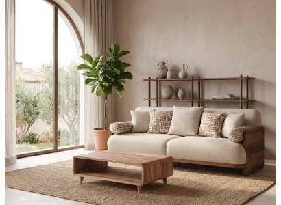 3 Sitzer Sofa Coffetisch Wohnzimmer Stil modern Farbe braun neu Holz