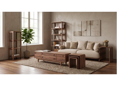 3 Sitzer Sofa 3x Couchtisch TV Board 2x Buecherregal Stil modern braun