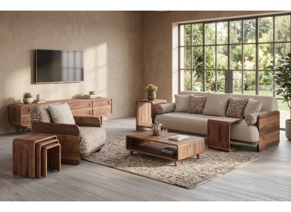 3 Sitzer Sofa Sessel TV Board 3x Couchtisch Stil modern Farbe braun neu