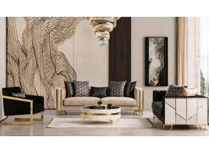 Beige-schwarzes Sofa Set 3-Sitzer Sessel Grau Modernes Stil Wohnzimmer Textil