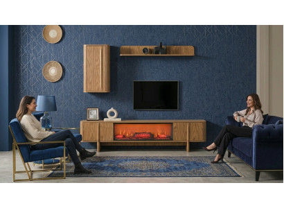 TV board Wandschrank Wandregal Stil modern braun Kamin Wohnzimmer