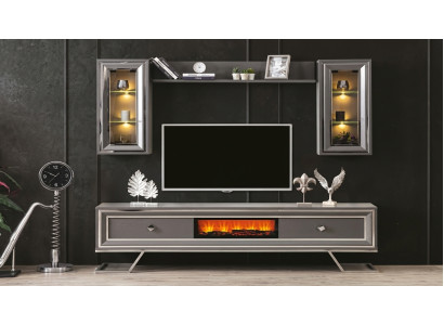 TV Möbel Stil modern silberfarben Kamin geräumig praktisch Wohnzimmer