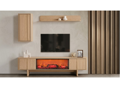 TV Board Wandschrank Wandregal Stil modern beige Kamin Wohnzimmer