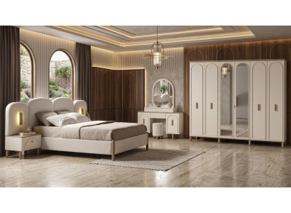 Beiges Schlafzimmer-Set modern Bettrahmen Kopfteil Kleiderschrank Schminktisch