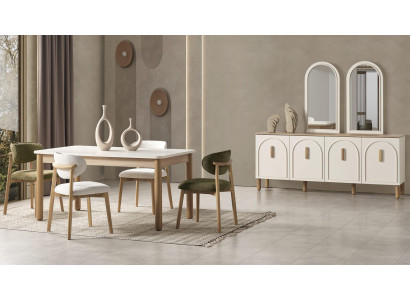 Beiges Esszimmer-Set Esstich Stühle Sideboard Spiegel Modern Elegant