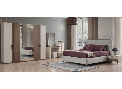 Beige-braunes Schlafzimmer-Set Bettrahmen Kopfteil Kleiderschrank Schminktisch