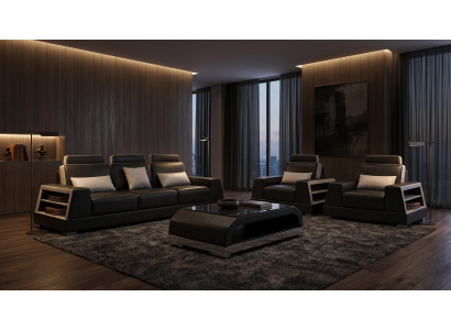 Sofa Set 3+1+1 Modern Schwarz Weiß Premium LED Couchtisch Komfort
