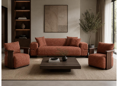 Wohnzimmer Set 3-Sitzer Sofa 2 Sessel Braun Stoff Holz Modern Design