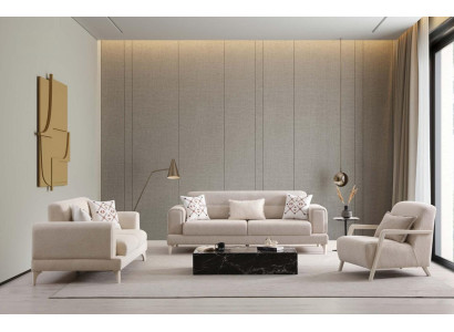 3-Sitzer Sofa Beige Modern Polstersofa Holzfüße Stoffbezug Komfort
