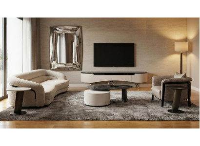 Wohnzimmergarnitur Beige Holz 3-Sitzer Sessel Couchtisch Lowboard