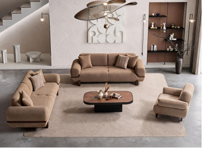 Sofa Set Braun Modern 3+3+1 Sitzer Stoff Holz Polsterlandschaft