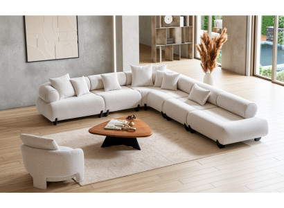 Sofa Set L-Form Weiß Modern Holz Stoff Sessel Eckcouch Garnitur