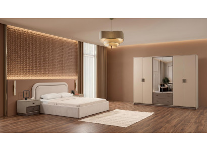 Stilvolles Schlafzimmer-Set in Beige Bett Kleiderschrank Nachttische modern