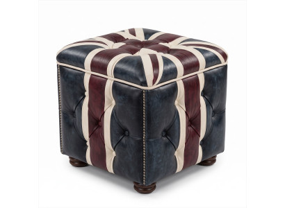 Union Jack Chesterfield Leder Hocker British Vintage Knopfheftung Holz