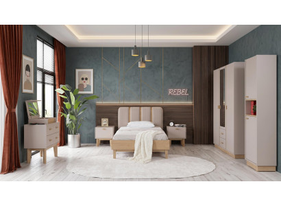 Beiges Jugendzimmer Bett Nachttische Kleiderschrank Kommode Bücherregal