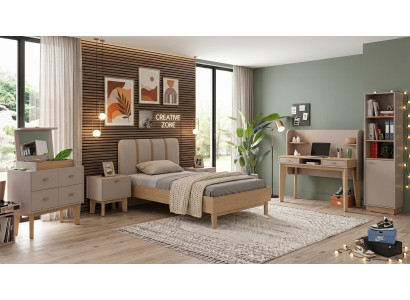 Beiges Jugendzimmer Bett Kommode Nachttische Schreibtisch Bücherregal modern