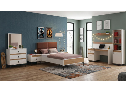 Weißes Jugendzimmer Bett Kommode Nachttische Schreibtisch Bücherregal modern