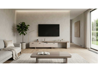TV Lowboard Couchtisch Set Wohnzimmer Modern Beige Holz Edel