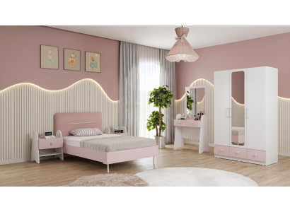 Weiß-rosa Jugendzimmer Bett Kleiderschrank Frisiertisch Nachttische Mädchen