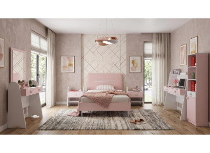 Weiß-rosa Jugendzimmer Bett Frisiertisch Nachttische Schreibtisch Bücherregal