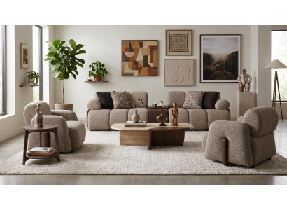Wohnzimmer Set 3 Sitzer Sofa 2x Sessel Dunkel Modern Weich Voluminös