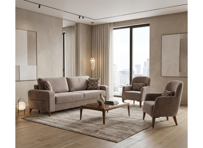 Sofa Set 3+1+1-Sitzer Beige Textil Holz Modern Einfarbig Zeitgenössisch