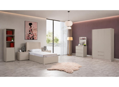 Beiges Jugendzimmer Bett 2 Nachttische Kleiderschrank Kommode Bücherregal